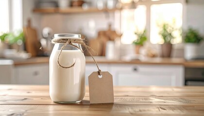 Glass jar filled with creamy liquid on a wooden surface in a sunlit kitchen, with a brown tag tied around the neck
