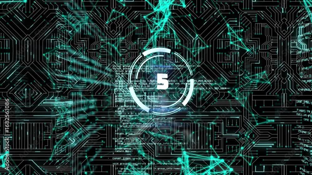 Poster animation of countdown with data processing over black background