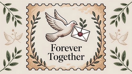 Elegant dove carries sealed envelope with olive branch, symbolizing eternal love and lasting connections, perfect for wedding or anniversary themes