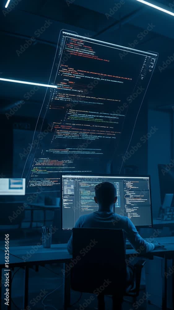Aufkleber developer working on computer displays digital code in a dark office