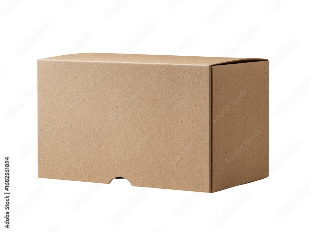 Poster isolated corrugated box with a tab opening on a clean and minimal display against a transparent