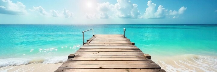 Obraz premium Serene beach dock extending into calm turquoise water, sunlit planks, gentle waves lapping, peaceful summer scene Ideal for travel, vacation, and relaxation themes , holiday, nature