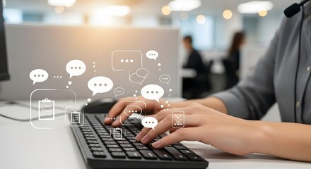 Businesswoman typing on a keyboard with virtual communication icons, illustrating the concept of online customer support, live chat, and social media engagement