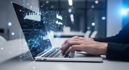 Business professional interacting with a futuristic holographic dashboard displaying complex data analytics and financial charts on a laptop