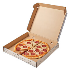 Pizza box pepperoni inside top open photo transparent background isolated png image of delicious pepperoni pizza in an open box viewed from above png