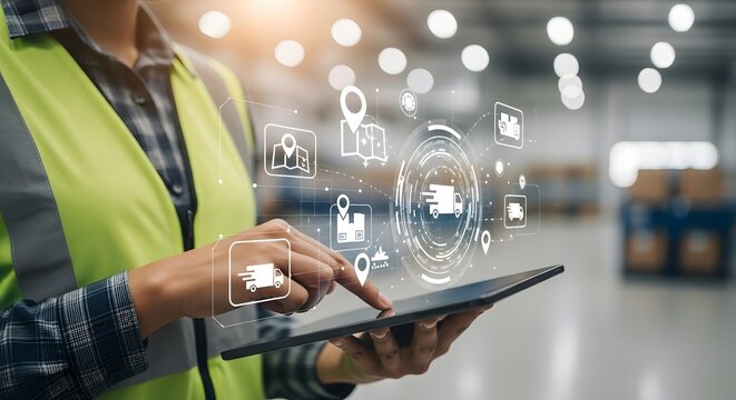Manager using a digital tablet for innovative supply chain management, tracking inventory, and coordinating the global logistics network in a distribution warehouse