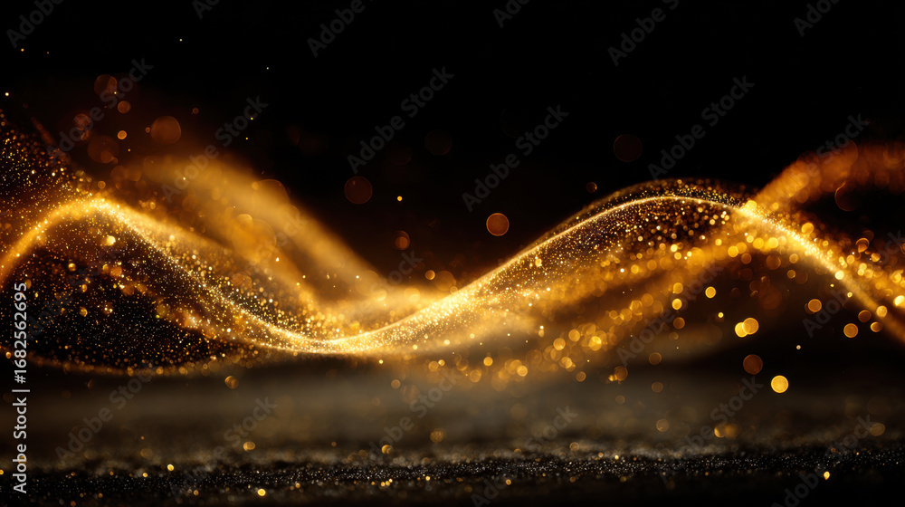 Poster golden particles swirl gracefully in dark background, creating mesmerizing wave of light and texture