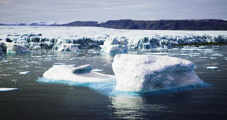Large icebergs drift in calm waters under a clear sky. The surrounding landscape features distant mountains covered in snow, creating a serene Arctic atmosphere. © icetray
