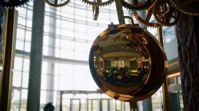 Ornate Golden Clock with Gears Reflecting the Interior Design and Architecture