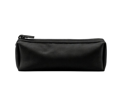 Sleek black pencil case with zipper closure isolated on transparent presentation