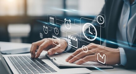 Businessman using a laptop to manage project schedules and deadlines with virtual planning icons for effective time management