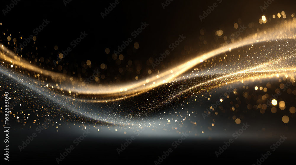 Poster elegant golden particles swirl gracefully in dark background, creating mesmerizing and magical atmos