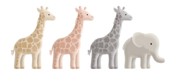Cute Cartoon Animals Giraffe and Elephant on Transparent Background
