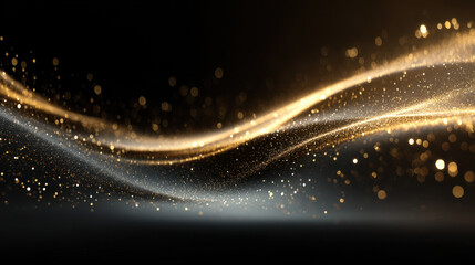 Fototapeta premium Elegant golden particles swirl gracefully in dark background, creating mesmerizing and magical atmosphere. shimmering lights evoke sense of wonder and beauty