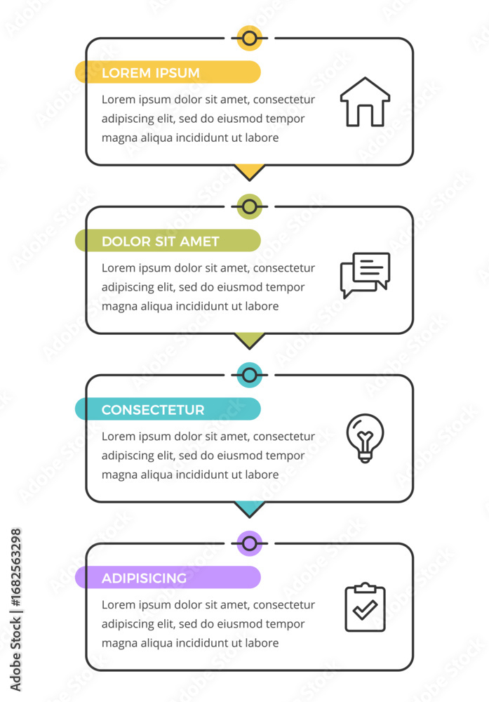 Poster vertical infographic template with four linear frames with icons and text areas for business present