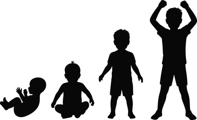 Silhouette of child growth stages from baby to boy, developmental phases, childhood timeline, black shadow figure set - flat vector illustration