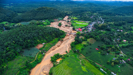Aerial View of Flooded Farmland and Village Landscape