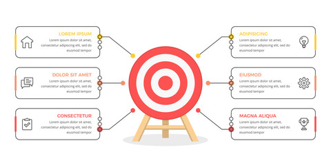 Business infographic with red target connected to six information boxes, goal achievement and strategy presentation concept