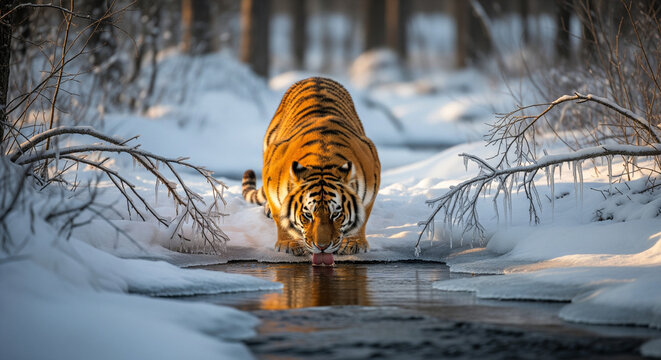 Siberian tiger drinking water in snowy winter landscape, wildlife animal photography