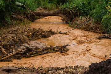 Flood Aftermath with Muddy Water and Debris Blocking Rural Area