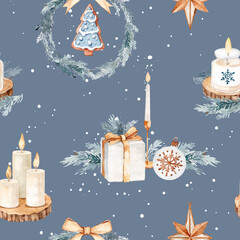 Watercolor Christmas Seamless Pattern with Candles and Ornaments