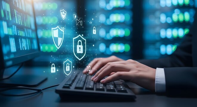 IT specialist implementing network security protocols and data encryption to safeguard information from cyber threats in a modern data center