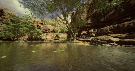 Clear waters reflect rock formations in this tranquil oasis surrounded by lush greenery. The sunlight illuminates the stunning natural features under a bright sky.