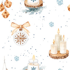 Watercolor Christmas Seamless Pattern with Candles and Ornaments