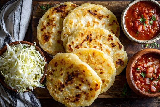 Freshly made Salvadoran pupusas with curtido and tomato salsa.