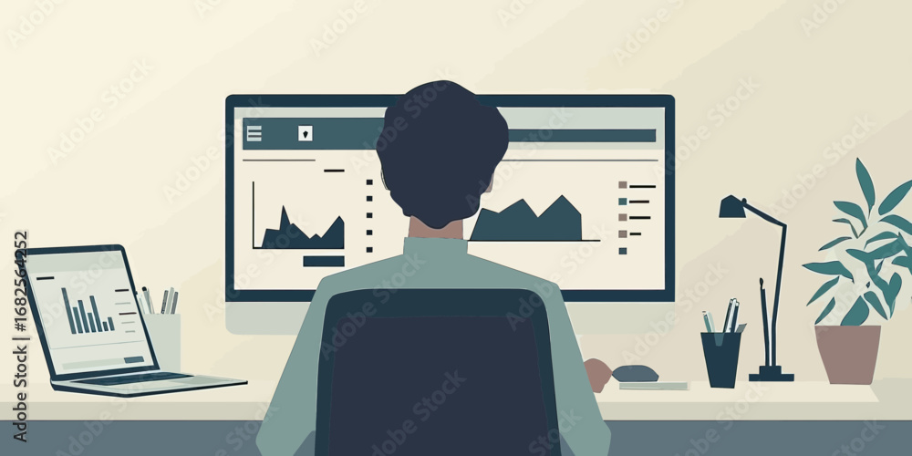 Aufkleber business analyst working at desk with laptop and large monitor displaying financial charts and data 