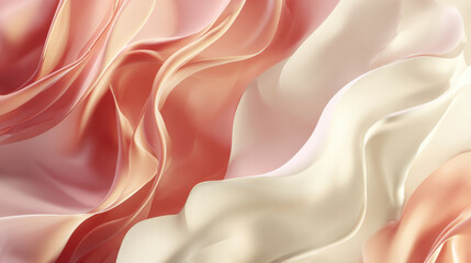 Fototapeta premium Soft silk fabric drapes gracefully in shades of pink and cream, creating luxurious and elegant texture. gentle waves and folds evoke sense of calm and sophistication