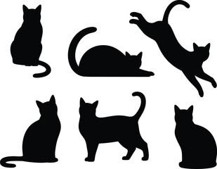 Silhouettes of six cats in different poses, sitting, stretching, and playful, various feline shapes and postures - flat vector illustration