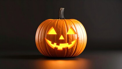 Glowing Jack-o'-lantern with a happy, triangular-eyed face, set against a dark backdrop. Warm light emanates from within, casting subtle shadows