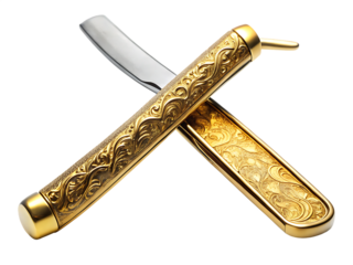 Gold ornate straight razor barber tool for luxury shaving isolated on white background ,PNG AI Generated.