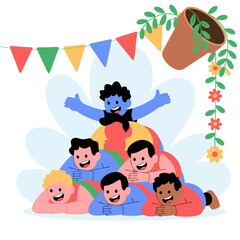 Vibrant Vector Illustration Depicting a Festive Human Pyramid Celebrating a Krishna-Inspired Cultural Event with Enthusiasm and Unity