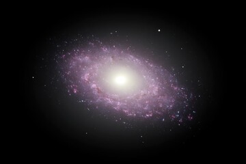 Spiral galaxy, bright core, purple hues, dark space