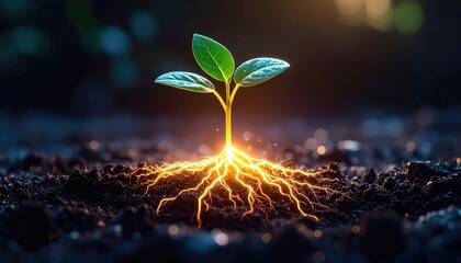 A small sprout with bright green leaves emerges from dark soil, glowing with golden light emanating from its roots, under a blurred bokeh background