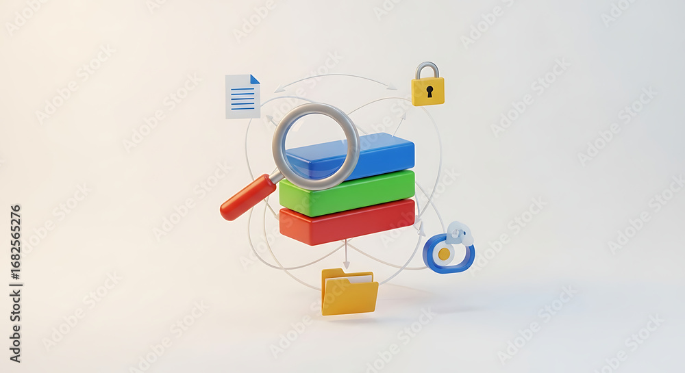 Aufkleber data layers with magnifying glass document folder and padlock on a white background illustration
