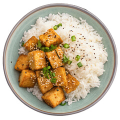 Plate of rice and fried tofu with sesame seeds isolated on transparent background image rice dish tofu meal sesame seeds cooking Asian cuisine vegetarian food PNG