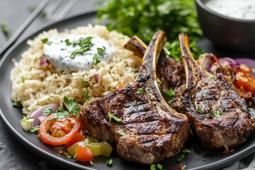 Grilled lamb chops with rice and parsley garnish
