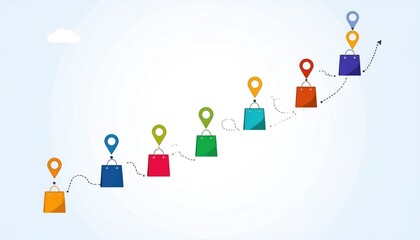 Colorful shopping bags are ascending in a stylized line, each marked with a location pin on a light blue gradient background