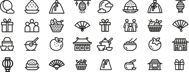 chuseok editable line icon set collection. festival, korea, food, tradition icons. vector illustrations
