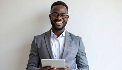 A smiling Black man in a grey suit and glasses holds a tablet against a plain white background, looking directly at the viewer