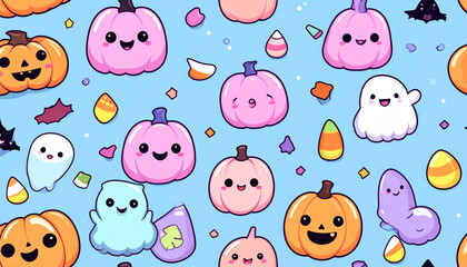 Fototapeta premium Halloween seamless background, cute pumpkins, candy, ghost icons, pastel color scheme
