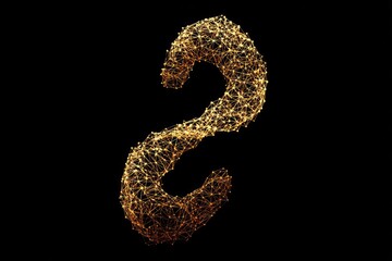 Golden, swirling, interconnected dots form a question mark against a black background