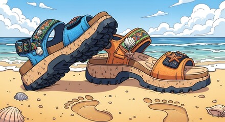 Colorful Blue and Orange Sandals with Decorative Shells on Sandy Beach by Ocean