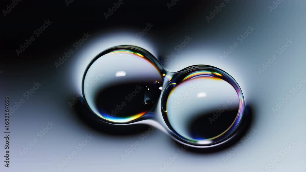 Poster two shiny spheres rotating and merging on a reflective surface