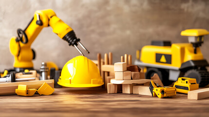 Obraz premium Construction Toy Scene with Hard Hat, Robot Arm, and Wooden Blocks