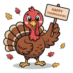 Cute Cartoon Turkey Holding Happy Thanksgiving Sign with Autumn Leaves Vector Illustration