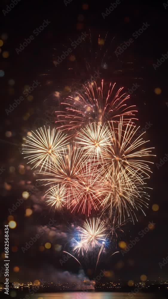 Poster fireworks display at night with colorful explosions and bokeh effects